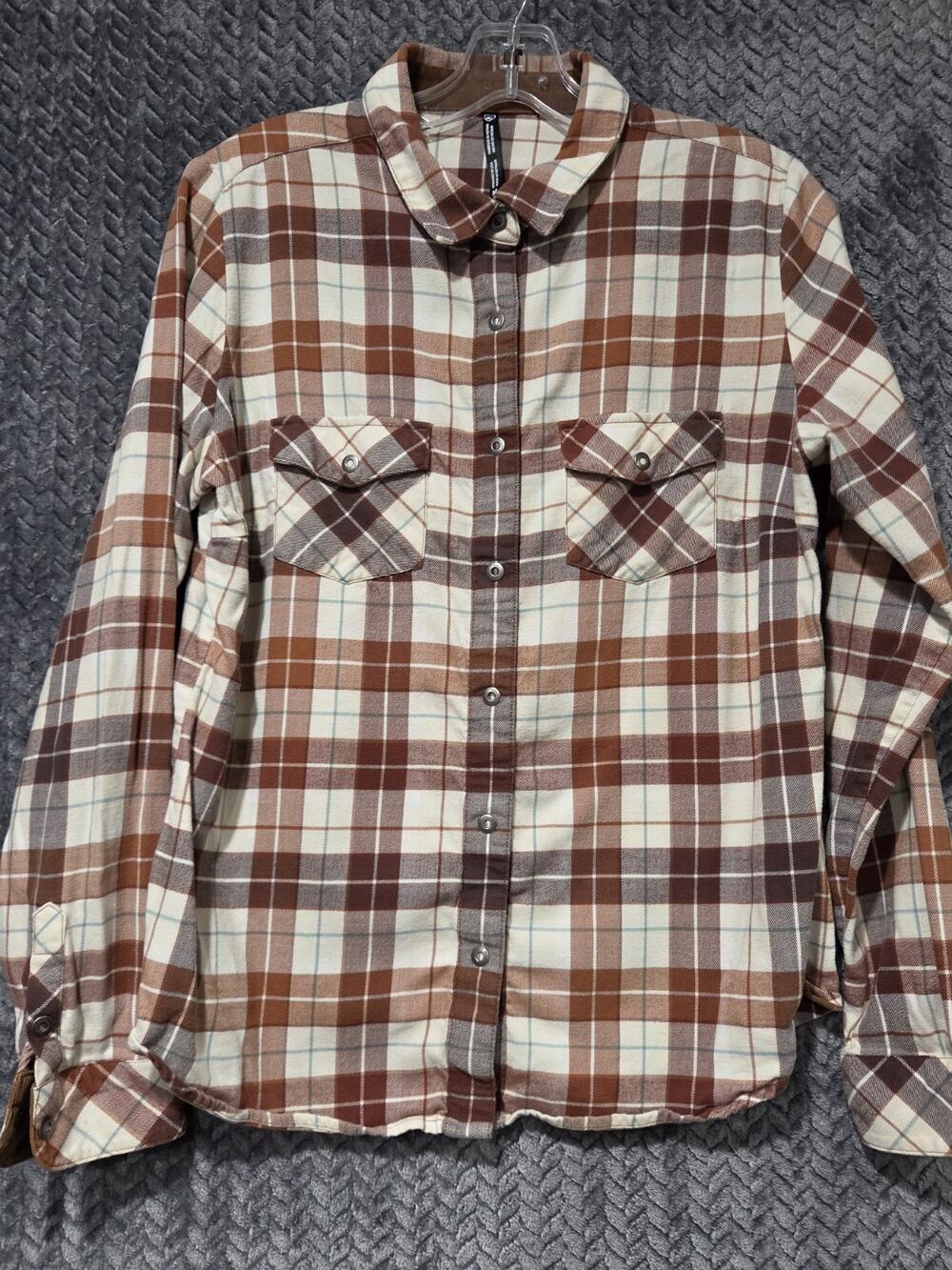 Women's Kuhl Cozy Plaid Button Up Shirt Brown Tan Medium Flannel Grunge